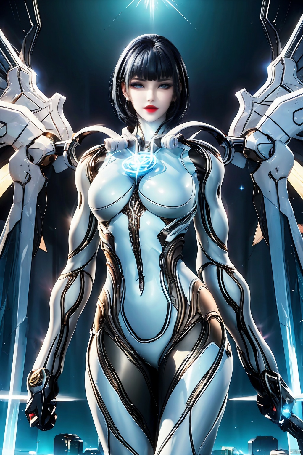 1girl, solo, breasts, looking at viewer, short hair, bangs, blue eyes, large breasts, black hair, holding, medium breasts, standing, weapon, cowboy shot, parted lips, wings, shiny, sword, blunt bangs, holding weapon, lips, bodysuit, night, glowing, holding sword, bob cut, building, skin tight, science fiction, red lips, blue bodysuit, mechanical wings