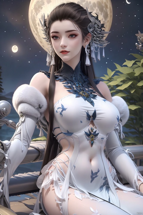 1girl, long hair, breasts, large breasts, brown hair, hair ornament, thighhighs, dress, navel, bare shoulders, jewelry, sitting, earrings, detached sleeves, sky, white dress, clothing cutout, night, chinese clothes, moon, star \(sky\), night sky, full moon