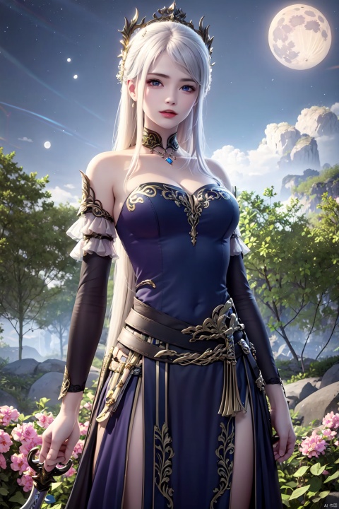 1girl, solo, long hair, breasts, looking at viewer, blue eyes, dress, holding, cleavage, bare shoulders, jewelry, medium breasts, weapon, flower, white hair, outdoors, detached sleeves, sky, sword, holding weapon, black dress, tree, strapless, night, holding sword, moon, tiara, night sky, strapless dress, full moon, dual wielding