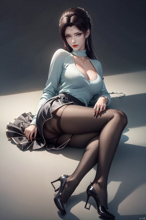 1girl, solo, long hair, breasts, looking at viewer, skirt, simple background, black hair, long sleeves, cleavage, jewelry, full body, pantyhose, pleated skirt, lying, on back, black skirt, grey background, necklace, black footwear, high heels, sweater, lips, gradient, black pantyhose, gradient background, clothing cutout, turtleneck, cleavage cutout, ribbed sweater, thighband pantyhose, red lips, black sweater, open-chest sweater
