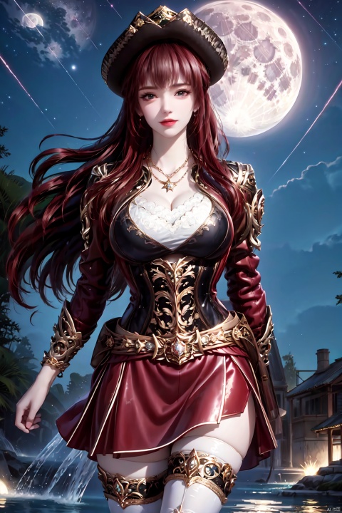 1girl, solo, long hair, breasts, looking at viewer, skirt, large breasts, brown hair, thighhighs, hat, dress, cleavage, jewelry, standing, red hair, cowboy shot, earrings, outdoors, sky, necklace, white thighhighs, night, red skirt, moon, star \(sky\), night sky, full moon, architecture, shooting star