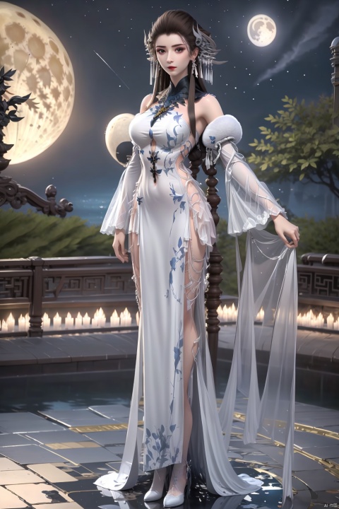 1girl, solo, long hair, breasts, looking at viewer, brown hair, hair ornament, dress, bare shoulders, standing, full body, flower, outdoors, detached sleeves, sky, hair flower, water, white dress, high heels, tree, clothing cutout, night, chinese clothes, moon, night sky, full moon, reflection, candle
