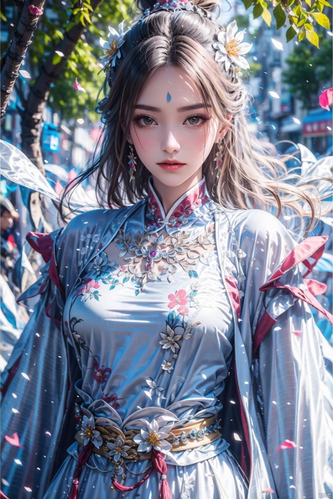 1girl,solo,long hair,looking at viewer,brown hair,hair ornament,long sleeves,dress,jewelry,closed mouth,upper body,weapon,flower,earrings,outdoors,hair flower,hair bun,white dress,blurry,sash,blurry background,facial mark,chinese clothes,single hair bun,forehead mark,