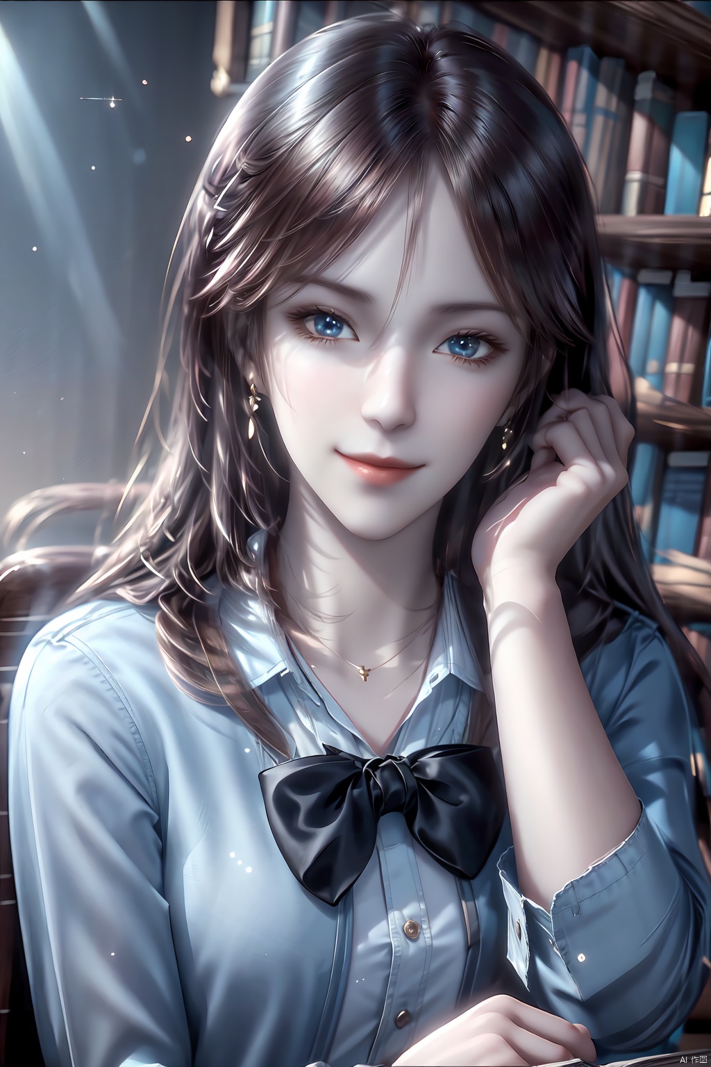 1girl, solo, long hair, looking at viewer, smile, blue eyes, brown hair, shirt, black hair, bow, closed mouth, school uniform, white shirt, upper body, collared shirt, indoors, bowtie, lips, book, blue bow, sunlight, light particles, head rest, open book, realistic, bookshelf, library