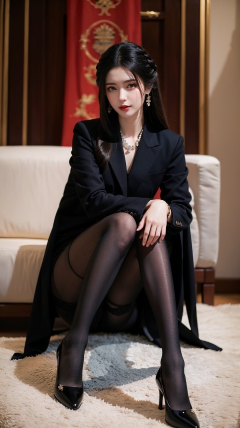  a beautiful girl, long hair, sitting, upper body wearing a suit, lower body wearing black stockings, feet in red high heels (round at the knee), waiting for someone, high cold royal sister, 1girl