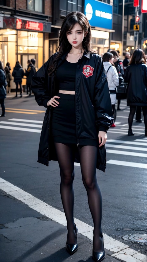 a beautiful girl, long hair,Standing on the street, Posing for photos,upper body wearing a shirt, A windbreaker coat,lower body wearing black stockings and miniskirt,feet in red high heels (round at the knee), waiting for someone, high cold royal sister, 1girl