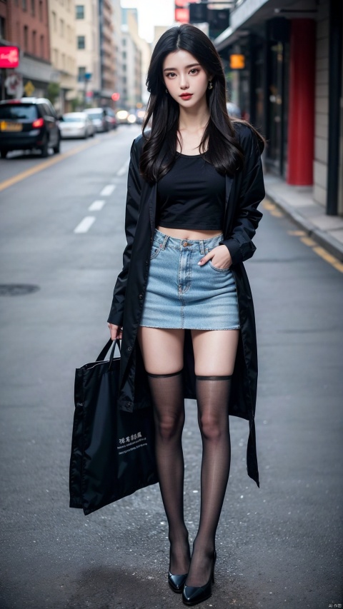 a beautiful girl, long hair,Standing on the street, Posing for photos,upper body wearing a shirt, A windbreaker coat,lower body wearing black stockings and miniskirt,feet in red high heels (round at the knee), waiting for someone, high cold royal sister, 1girl