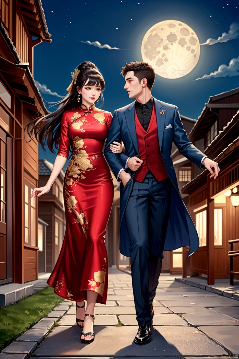 Masterpiece, high quality,A couple,At night,Full moon,Antique clothes,Appreciate the moon,Chinese costume,