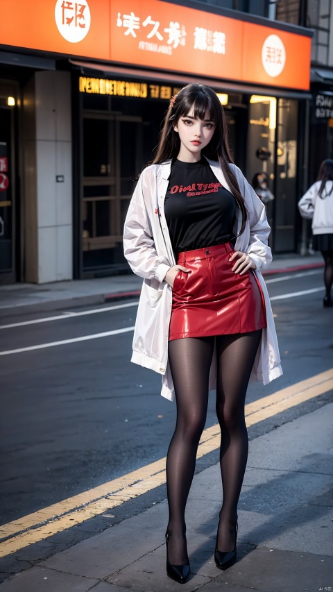 a beautiful girl,Orange long hair,Standing on the street, Posing for photos,upper body wearing a shirt, A windbreaker coat,lower body wearing black stockings and miniskirt,feet in red high heels (round at the knee), waiting for someone, high cold royal sister, 1girl