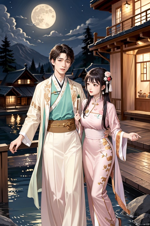 Masterpiece, high quality,A couple,At night,Full moon,Antique clothes,Appreciate the moon,Chinese costume,singles party,Tiny bridge,flowing brook,hamlet homes