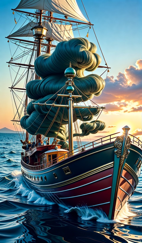 8k wallpaper in great detail, (highly detailed: 1.1), ((masterpiece: 1.1)), [animation: Impasto:0.5], complex, fantasy, (1 boat), (ocean: 1.2), [golden boat: golden boat and (green fire: 1.2):0.1].