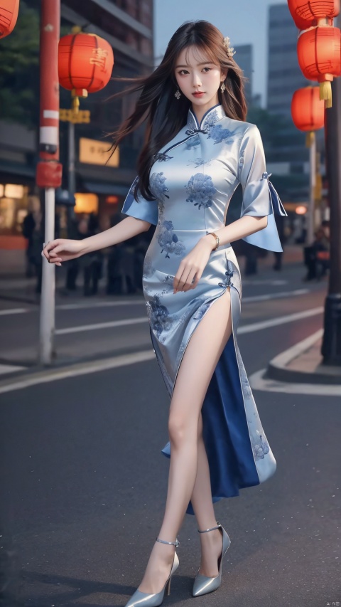  1girl,fashion model,female focus,asian,pretty,Charming eyes,exquisite facial features, ,high heels,bangle,night,Soft lighting,street,city,full shot,(masterpiece, realistic, best quality, highly detailed, profession),plns, chinese dress