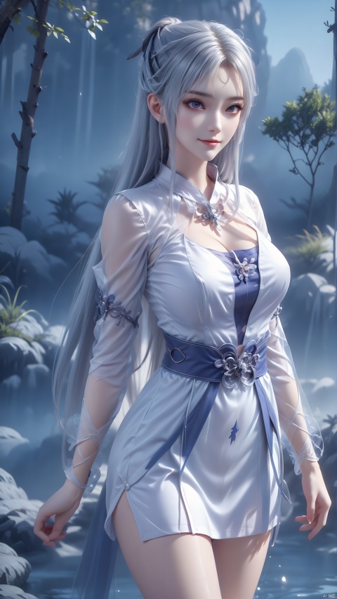  1girl, wedding_dress, white hair, long hair, mischevious smile, perfect body, scenery, sharp focus, best quality, masterpiece, detailed outfit, illustration, perfect eyes, finely detailed beautiful anime eyes, realistic skin, intricate details, best lighting, depth of field, ultra high resolution,cowboy_shot, dynamic pose, dynamic angle, JK