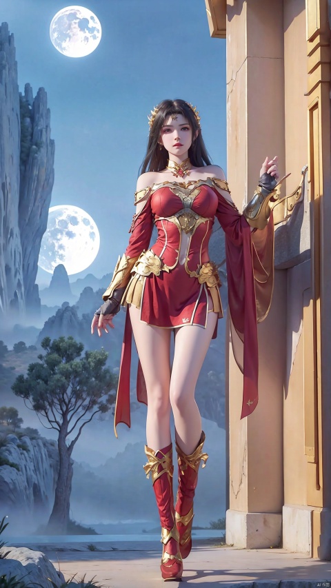  1 girl,Off Shoulder, science fiction armor,Full body,Long legs, Canaan Academy, standing in the air,red armor,half body, 1girl, gold armor