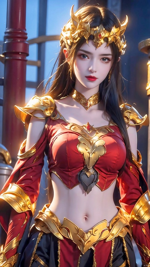  1 girl,Off Shoulder, science fiction armor,red armor,half body, 1girl, gold armor