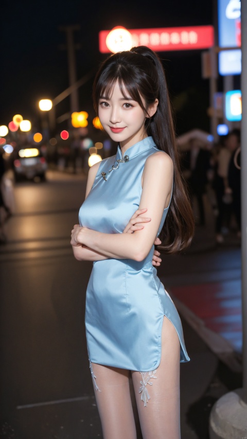 jk_lure_dress3,8k,(realistic:1.1), (photorealistic:1.1), (masterpiece:1.1), (best quality:1.1), RAW photo, highres, ultra detailed, High detail RAW color photo,professional photograph,masterpiece, best quality,realistic,1girl,low_key,solo,lighting,Bangs,  Long Hair, Ponytail ,big_breast,, natural beauty, beautiful detailed eyes,natural lighting,, (detailed face:1.2),extremely beautiful face,sweet smile, long legs, ,cheongsam,pantyhose,Popular clothing,Outdoor, Street,