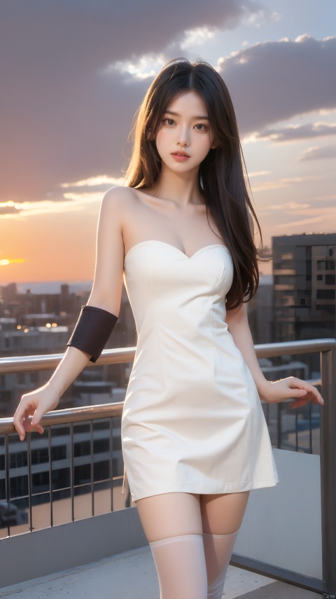  Frontal photography,Look front,evening,dark clouds,the setting sun,On the city rooftop,A 20 year old female,,black hair,long hair,dark theme,high contrast,natural skin texture,A dim light,high clarity,sky background,Facial highlights,Strapless,,1girl,solo,fair_skin,skinny,slender,straight_hair,lipstick,bright_pupils,collarbonea,medium breasts,narrow_waist,strapless_dress,sleeveless_dress,kneehighs,tight,lace,standing,incredibly absurdres,reality,blurry,medium_shot,eyes_focus,Silk stockings,one-piece dress