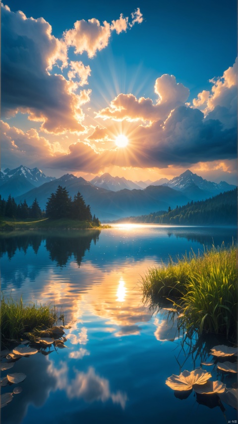  A photo titled "Kingdom of the Sky", taken on a Nikon D850 in the style of Veslaw Wakuski, shows a ultra-high-definition image. The photo depicts a lake with a setting sun, its surface reflecting feathery clouds. The entire composition is bathed in a pure and vibrant blue., keai, Anime style, uncleview