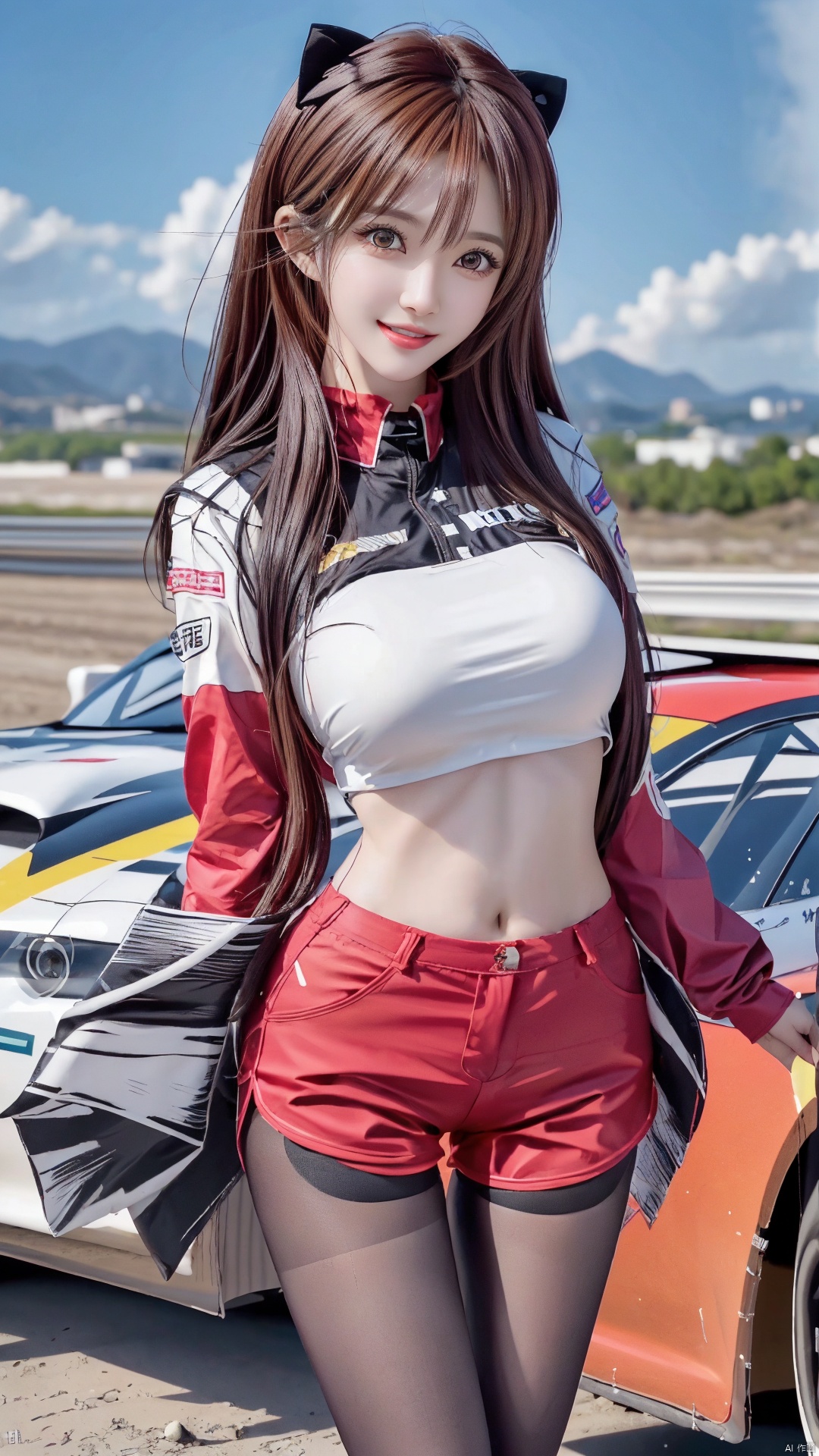  1girl,twins,kind smile,(close-up),smile,the whole body,standing,red eye,beautiful detailed eyes,orange hair,looking at viewer,(WRC Rally Racing),The race track,race car driver,racesuit,racingmiku,racequeen,moyou, wangyushan,(sexy), tashan shorts, pantyhose