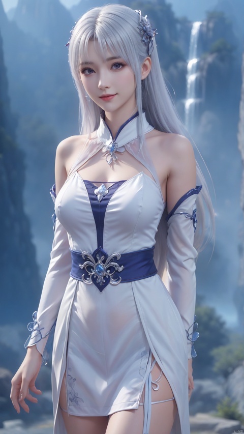  1girl, wedding_dress, white hair, long hair, mischevious smile, perfect body, scenery, sharp focus, best quality, masterpiece, detailed outfit, illustration, perfect eyes, finely detailed beautiful anime eyes, realistic skin, intricate details, best lighting, depth of field, ultra high resolution,cowboy_shot, dynamic pose, dynamic angle,