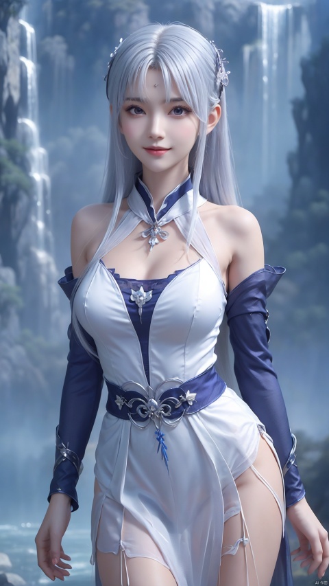 1girl, wedding_dress, white hair, long hair, mischevious smile, perfect body, scenery, sharp focus, best quality, masterpiece, detailed outfit, illustration, perfect eyes, finely detailed beautiful anime eyes, realistic skin, intricate details, best lighting, depth of field, ultra high resolution,cowboy_shot, dynamic pose, dynamic angle,