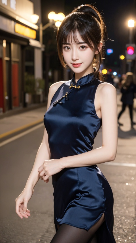 jk_lure_dress3,8k,(realistic:1.1), (photorealistic:1.1), (masterpiece:1.1), (best quality:1.1), RAW photo, highres, ultra detailed, High detail RAW color photo,professional photograph,masterpiece, best quality,realistic,1girl,low_key,solo,lighting,Bangs,  Long Hair, Ponytail ,big_breast,, natural beauty, beautiful detailed eyes,natural lighting,, (detailed face:1.2),extremely beautiful face,sweet smile, long legs, ,cheongsam,pantyhose,Popular clothing,Outdoor, Street,High definition background