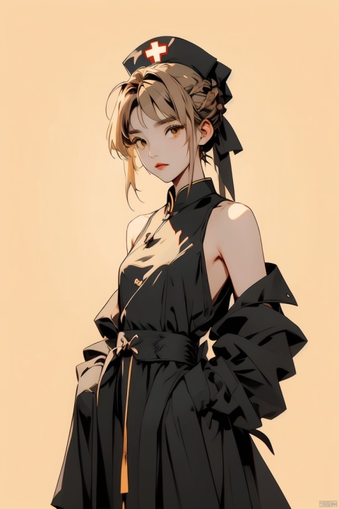  masterpiece,1girl,solo,looking at viewer,bangs,blonde hair,simple background,dress,ribbon,bare shoulders,hair ribbon,yellow eyes,braid,sidelocks,small breasts,black gloves,elbow gloves,hair bun,black ribbon,sleeveless dress,single hair bun,yellow background,french braid,lolita fashion,black border,artoria pendragon \(fate\),saber,, artoria pendragon \(fate\), (\meng ze\), (\ji jian\), jiqing, Trainee Nurse