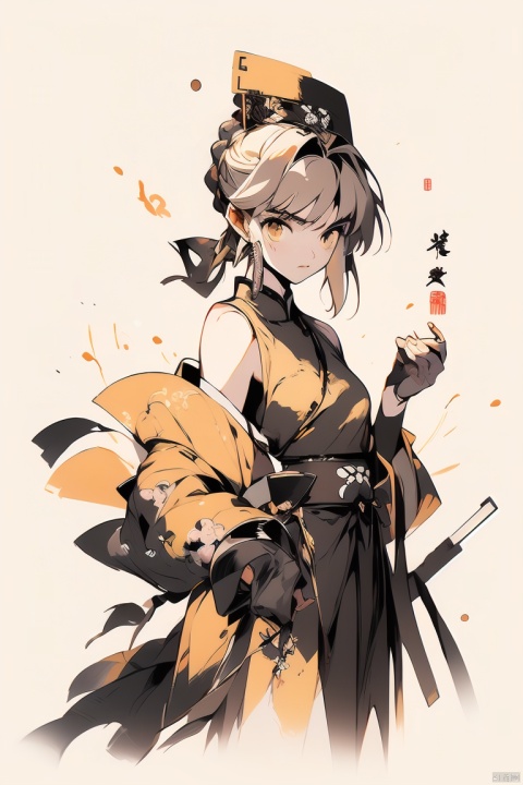  masterpiece,1girl,solo,looking at viewer,bangs,blonde hair,simple background,dress,ribbon,bare shoulders,hair ribbon,yellow eyes,braid,sidelocks,small breasts,black gloves,elbow gloves,hair bun,black ribbon,sleeveless dress,single hair bun,yellow background,french braid,lolita fashion,black border,artoria pendragon \(fate\),saber,, artoria pendragon \(fate\), (\meng ze\), (\ji jian\), jiqing, Trainee Nurse, smwuxia Chinese text blood weapon:sw, Ink scattering_Chinese style
