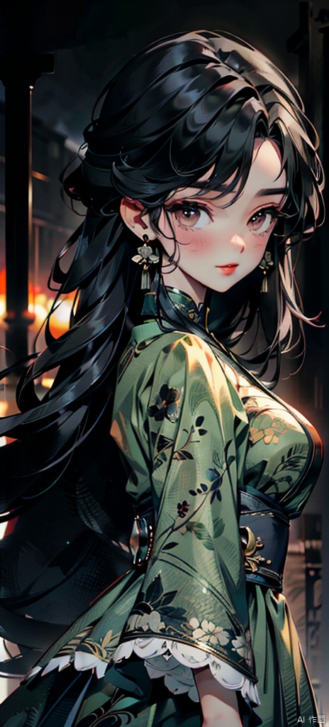 masterpiece, top quality, best quality, official art, wmchahua,xiaoguochao,1girl,wear gogerous dress,colorful,fog background,aged up,grey hair,smile, archaic style,movie quality, Illustration, guofeng,long hair
