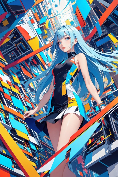  1girl, long hair, bangs, blue eyes, light blue hair, floating hair,Cubist abstraction, the figure of a girl amidst a geometrically fractured workshop, computer parts as the subject of artistic fragmentation, vibrant color palette, low-angle perspective, sharp lines, high-resolution canvas., (/qingning/), (\MBTI\), babata