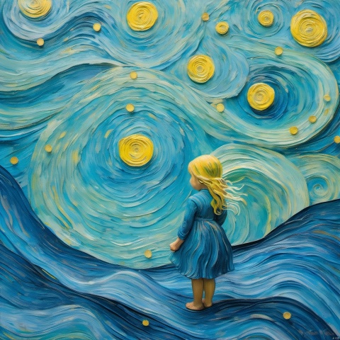  a painting on blue paper showing a Stars at the bottom of the sea,The little back of a girl, Vincent Willem van Gogh, flowing lines,colorful turbulence, the overall blue tone,swirls,high resolution