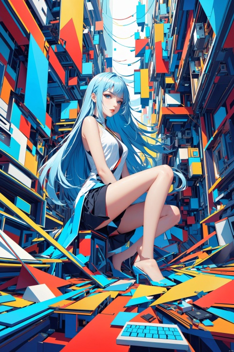  1girl, long hair, bangs, blue eyes, light blue hair, floating hair,Cubist abstraction, the figure of a girl amidst a geometrically fractured workshop, computer parts as the subject of artistic fragmentation, vibrant color palette, low-angle perspective, sharp lines, high-resolution canvas., (/qingning/), (\MBTI\), babata