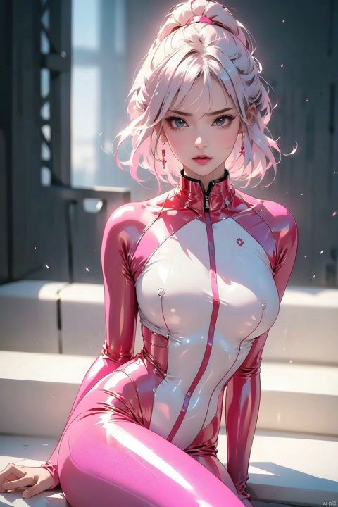  (RAW photo: 1.2), pink latex jumpsuit, hollow, Holt collar, latex shiny, tight, sweat, white liquid, pink body, wearing Kudo Atsuko latex costume, wearing tight suit, smooth pink white skin, cat suit, wearing latex, shiny plastic, shiny metallic luster skin, pink glowing color, latex costume, chrome-plated bodysuit, cyberpunk glossy latex suit, shiny, futuristic bright latex suit with open legs, M-shaped legs, angry expression, sullen and sullen, white liquid all over the body, Tight latex clothing