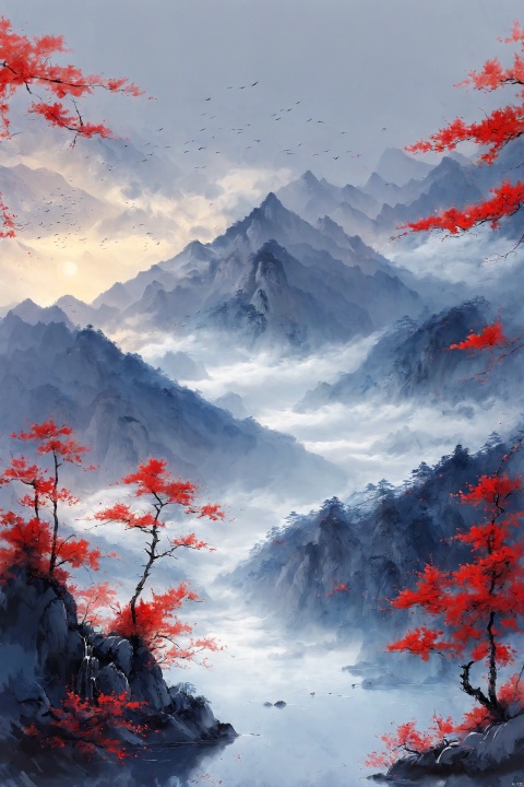  Gradient style illustration, illustration, starry sky, a Mt. Fuji, surrounded by lakes, birds, sunlight, flying snow