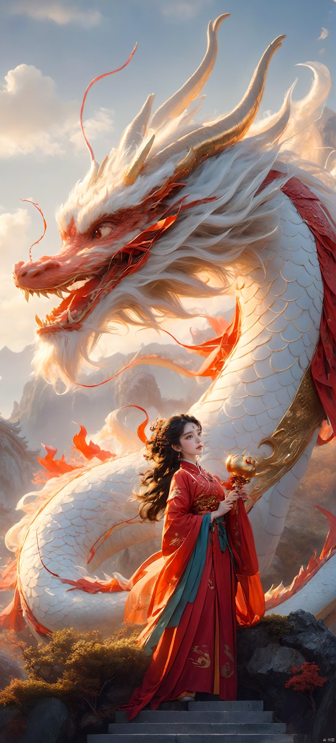  The girl and the Chinese dragon,Chinese dragon,1girl,Dragon Claw,Chinese Hanfu,cloud,squama ,The hair on the faucet,Ultimate details,Dragon horn,The graceful and winding dragon body,cloudy sky,dragon,dragon horns,eastern dragon,Open the dragon's mouth,The girl stands on the dragon's body, with a back and a metal decorative object behind her,Close range,Red Dragon,evening,gradient sky,The camera looks up from below,horns,long hair,mountain,open mouth,orange eyes,outdoors,scales,sky,smoke,solo,sun,sunset,teeth,twilight, Chinese dragon, glow