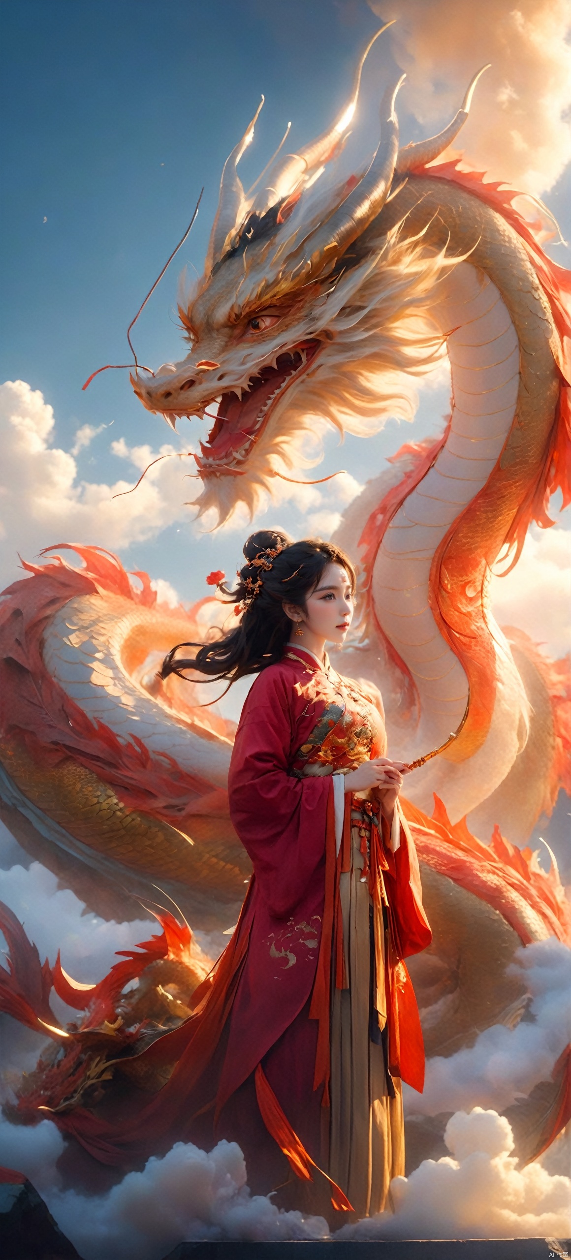  The girl and the Chinese dragon,Chinese dragon,1girl,Dragon Claw,Chinese Hanfu,cloud,squama ,The hair on the faucet,Ultimate details,Dragon horn,The graceful and winding dragon body,cloudy sky,dragon,dragon horns,eastern dragon,Open the dragon's mouth,The girl stands on the dragon's body, with a back and a metal decorative object behind her,Close range,Red Dragon,evening,gradient sky,The camera looks up from below,horns,long hair,mountain,open mouth,orange eyes,outdoors,scales,sky,smoke,solo,sun,sunset,teeth,twilight, Chinese dragon, glow