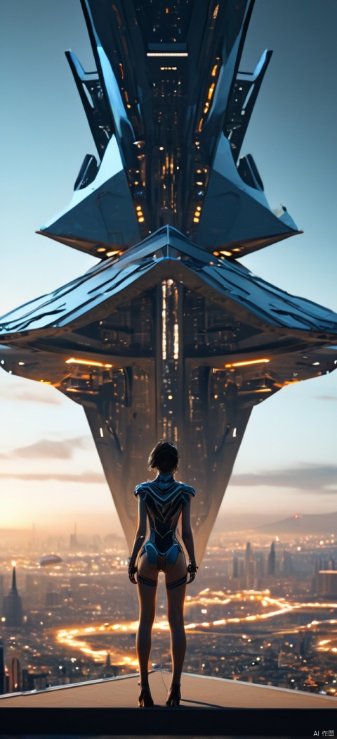  Very exquisite, 8K, beautiful: 1.2. A girl stands in front of a super large triangular building (equilateral triangle), a huge inverted triangle building, wedding dress, full body glowing, high heels, long legs, inverted triangle building with high details, complex details, super details, super clarity, high quality, overlooking the city, the Trisolaran civilization, sand dunes, spacecraft filled with space in the sky, with a sense of technology, futurism, space station, subversion of the city, night, Saturn, standing at the top of the city, her entire body (revealing the lower body), silhouette, smile, horizon, cyberpunk, standing on the roof, looking at wide-angle lenses, high angles, futuristic style, from above it is amazing. The visual background,