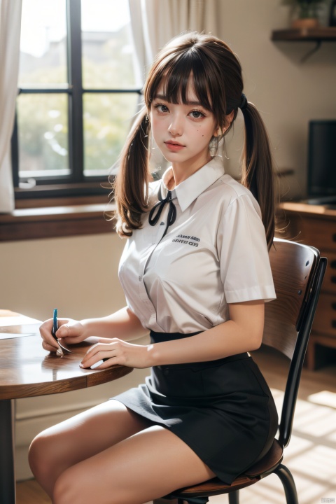  masterpiece,ultra high res,realistic,finely detail,extremely detailed,1girl,solo,skirt,chair,sitting,shirt,low twintails,long hair,looking at viewer,short sleeves,indoors,white shirt,brown hair,realistic,bangs,blurry,black skirt,ribbon,blurry background,blue ribbon,brown eyes,on chair,blunt bangs,hand on own knee,collared shirt,pencil skirt,depth of field,table,desktop,