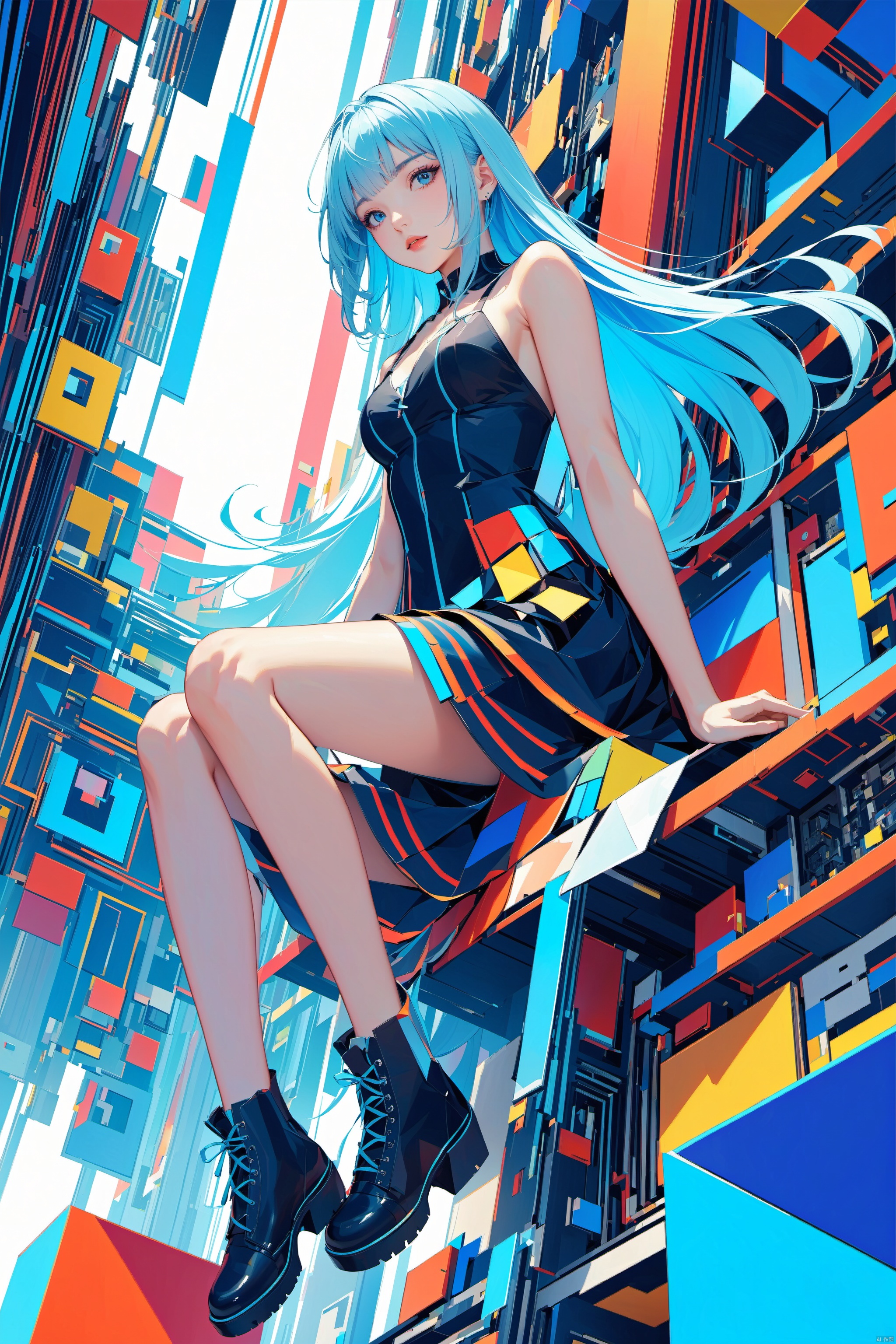  1girl, long hair, bangs, blue eyes, light blue hair, floating hair,Cubist abstraction, the figure of a girl amidst a geometrically fractured workshop, computer parts as the subject of artistic fragmentation, vibrant color palette, low-angle perspective, sharp lines, high-resolution canvas., (/qingning/), (\MBTI\), babata