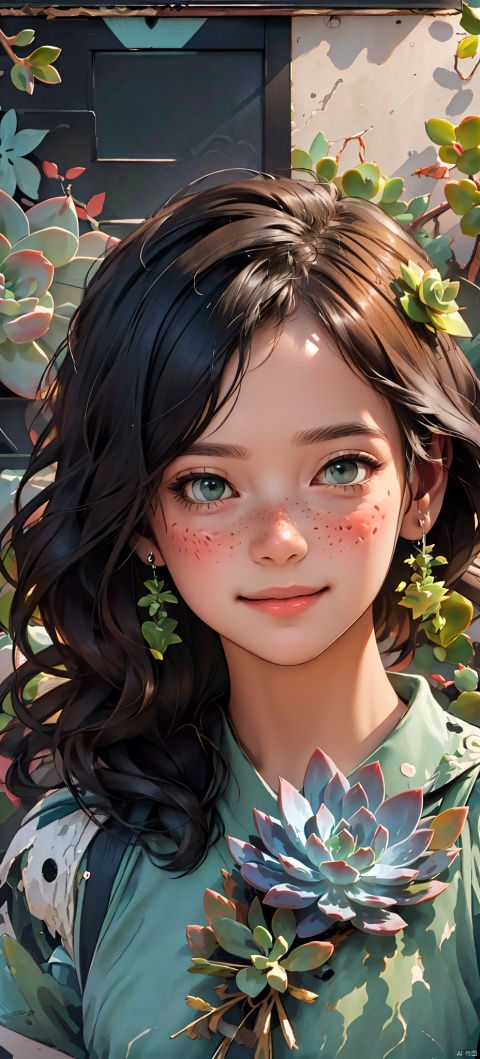 (masterpiece, extremely detailed 8k wallpaper,best quality), (best illumination, best shadow, extremely delicate and beautiful), dynamic angle, floating, finely detail, Depth of field (bloom), (shine), glinting stars, classic, (illustration), (painting), (sketch),1girl, solo, smile,
long hair, looking at viewer, black hair, green eyes,big succulent plants
, flower,(((succulent plants
 in the upper right and lower left corner of the screen,succulent plants
 cover the face))), parted lips, artist name, leaf, plant, portrait, freckles,red flower,, flat,bichu, CX, TT, NijiCute