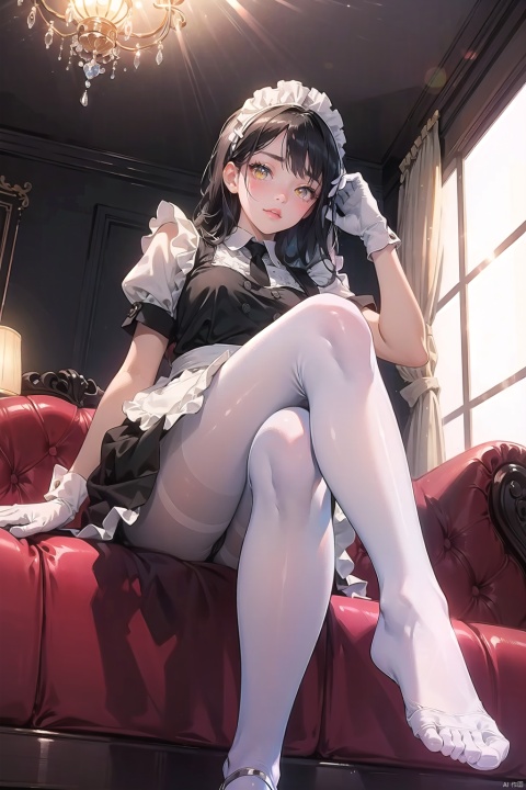  extremely detailed 4k CG, highly detailed, 1girl, blush,large breasts, ceiling light, couch, crossed legs, eyebrows visible through hair, foreshortening, from below, gloves, indoors, lens flare,black long hair, looking at viewer, maid, maid apron, maid headdress,short sleeves, sitting,solo, white gloves, yellow eyes,glowing pupils,ass,[Blue Accessories],(squinting),No shoes,
 feet, (foot focus), foot up, bridal_legwear, soles,((white pantyhose)),((((black skin)))),