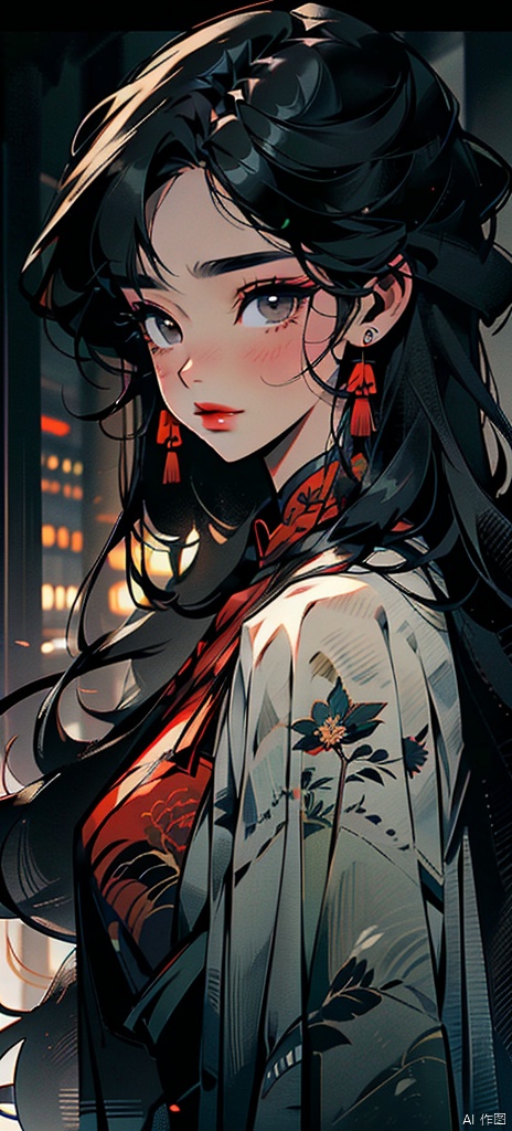 masterpiece, top quality, best quality, official art, beautiful and aesthetic:1.2,wmchahua,xiaoguochao,1girl,wear gogerous dress,colorful,fog background,aged up,grey hair,smile, archaic style,movie quality, Illustration, guofeng,long hair