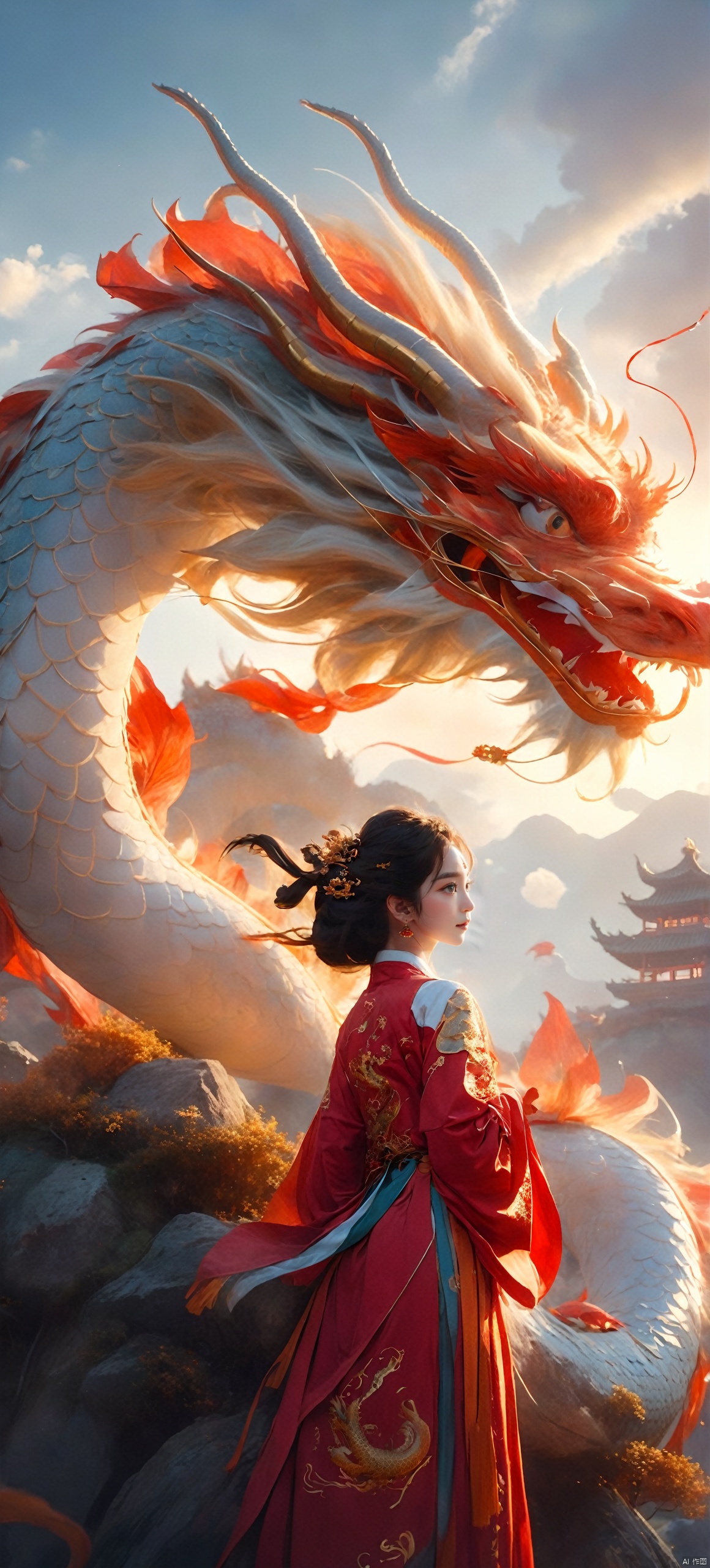  The girl and the Chinese dragon,Chinese dragon,1girl,Dragon Claw,Chinese Hanfu,cloud,squama ,The hair on the faucet,Ultimate details,Dragon horn,The graceful and winding dragon body,cloudy sky,dragon,dragon horns,eastern dragon,Open the dragon's mouth,The girl stands on the dragon's body, with a back and a metal decorative object behind her,Close range,Red Dragon,evening,gradient sky,The camera looks up from below,horns,long hair,mountain,open mouth,orange eyes,outdoors,scales,sky,smoke,solo,sun,sunset,teeth,twilight, Chinese dragon, glow