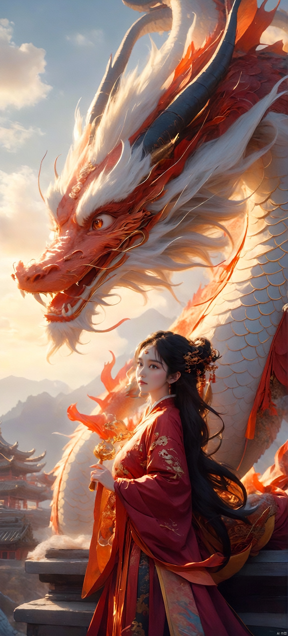  The girl and the Chinese dragon,Chinese dragon,1girl,Dragon Claw,Chinese Hanfu,cloud,squama ,The hair on the faucet,Ultimate details,Dragon horn,The graceful and winding dragon body,cloudy sky,dragon,dragon horns,eastern dragon,Open the dragon's mouth,The girl stands on the dragon's body, with a back and a metal decorative object behind her,Close range,Red Dragon,evening,gradient sky,The camera looks up from below,horns,long hair,mountain,open mouth,orange eyes,outdoors,scales,sky,smoke,solo,sun,sunset,teeth,twilight, Chinese dragon, glow