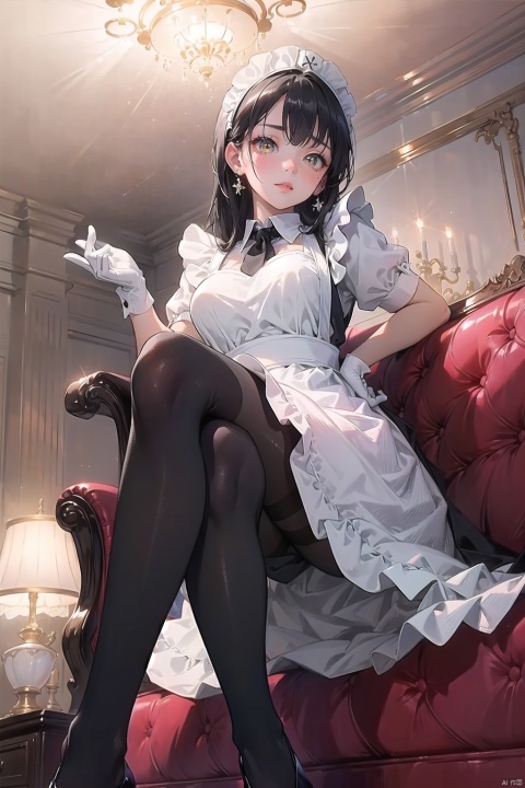  extremely detailed 4k CG, highly detailed, 1girl, blush,large breasts, ceiling light, couch, crossed legs, eyebrows visible through hair, foreshortening, from below, gloves, indoors, lens flare,black long hair, looking at viewer, maid, maid apron, maid headdress,short sleeves, sitting,solo, white gloves, yellow eyes,glowing pupils,ass,[Blue Accessories],(squinting),No shoes,
 feet, (foot focus), foot up, bridal_legwear, soles,((white pantyhose)),((((black skin)))),