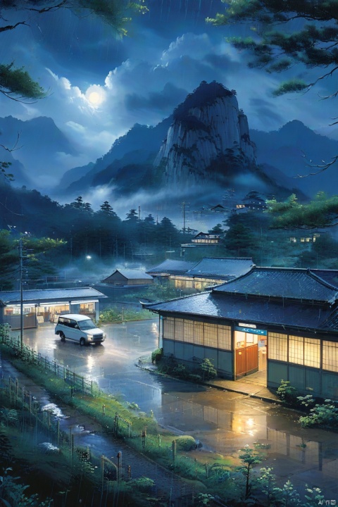  In the grass at night, with a public car station, under the rain, with lights, with buildings, with many people, with the shadows of the forest, with the sunshine, with the style of Miyazaki Hayao, with the style of the cardong, ananmo