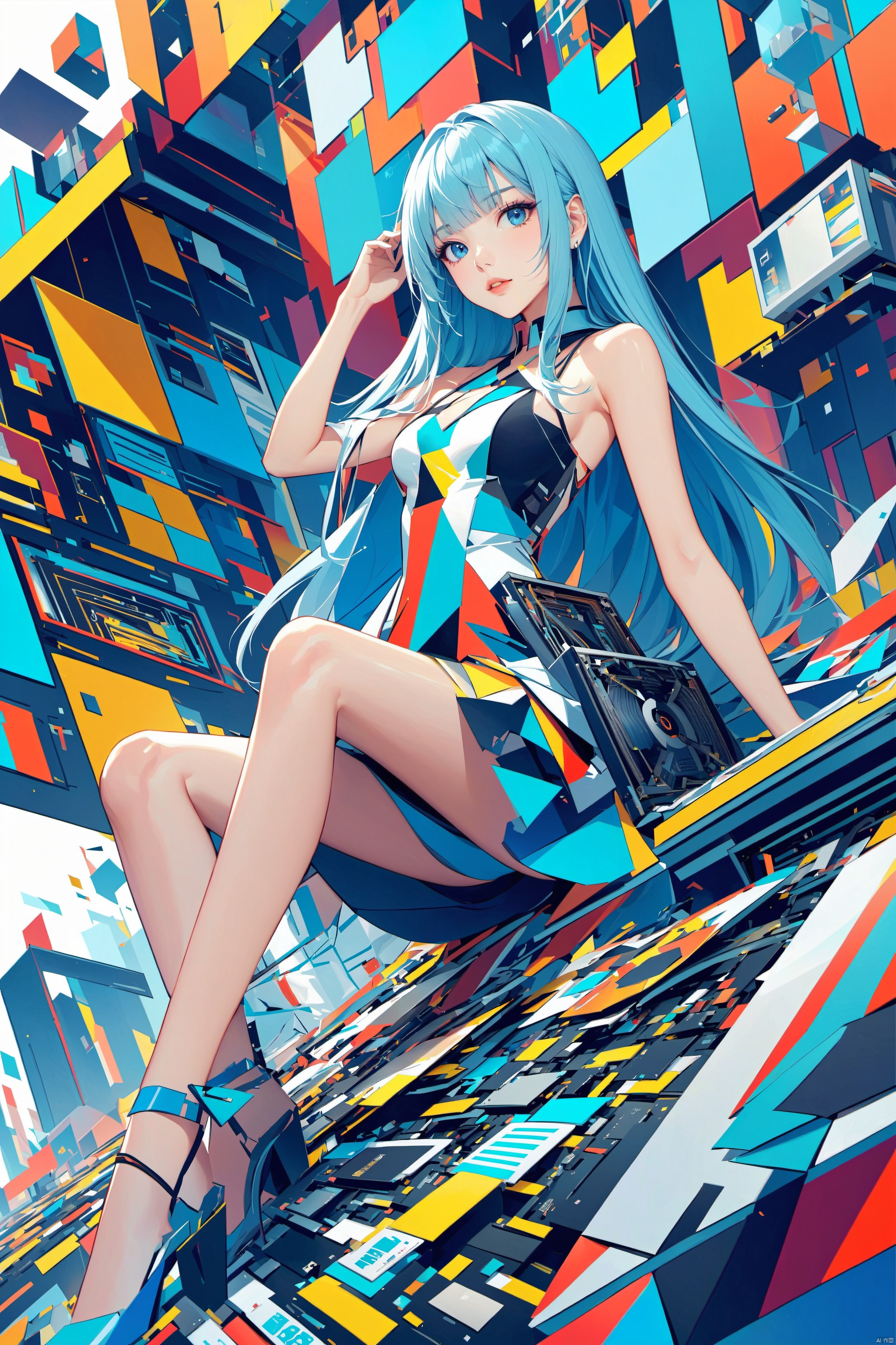  1girl, long hair, bangs, blue eyes, light blue hair, floating hair,Cubist abstraction, the figure of a girl amidst a geometrically fractured workshop, computer parts as the subject of artistic fragmentation, vibrant color palette, low-angle perspective, sharp lines, high-resolution canvas., (/qingning/), (\MBTI\), babata