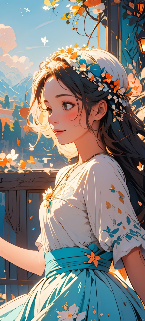 (masterpiece, extremely detailed 8k wallpaper,best quality), (best illumination, best shadow, extremely delicate and beautiful), dynamic angle, floating, finely detail, Depth of field (bloom), (shine), glinting stars, classic, (illustration), (painting), (sketch),The girl has colorful butterflies on her head and is surrounded by a flower wreath in the valley. The details are prominent, bright colors, wide-angle lenses, natural light, dancing, and joyful., ((poakl)), flat, TT,