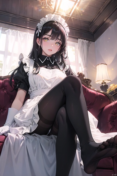  extremely detailed 4k CG, highly detailed, 1girl, blush,large breasts, ceiling light, couch, crossed legs, eyebrows visible through hair, foreshortening, from below, gloves, indoors, lens flare,black long hair, looking at viewer, maid, maid apron, maid headdress,short sleeves, sitting,solo, white gloves, yellow eyes,glowing pupils,ass,[Blue Accessories],(squinting),No shoes,
 feet, (foot focus), foot up, bridal_legwear, soles,((white pantyhose)),((((black skin)))),