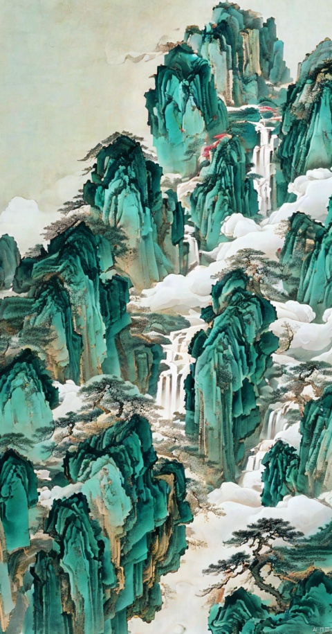 Chinese ink painting, towering mountains, cliff waterfalls, majestic pines, shrouded in clouds,